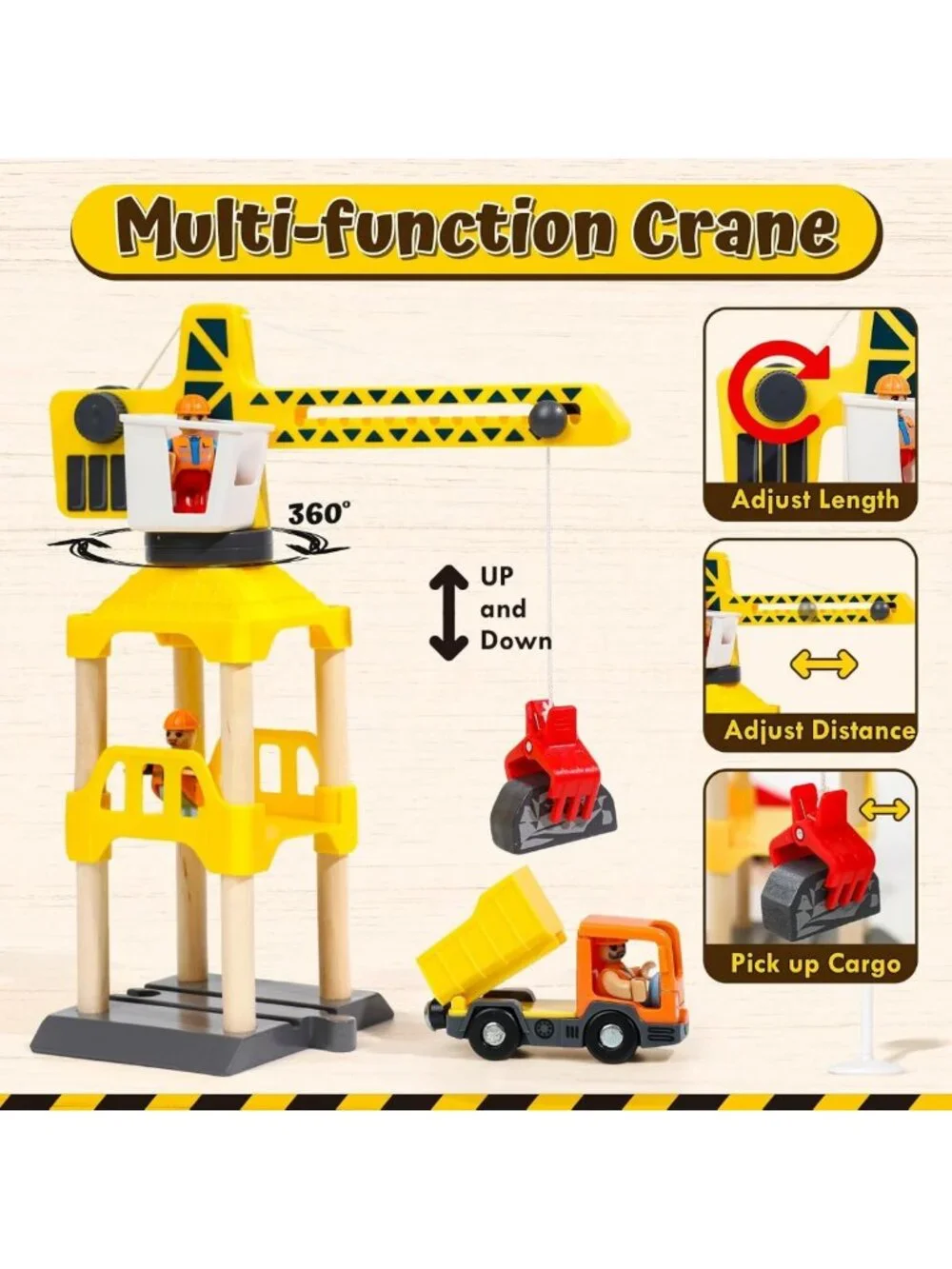 Wooden Train Set for Kids | Construction Toys w/ Crane & Track | Toddler Gift